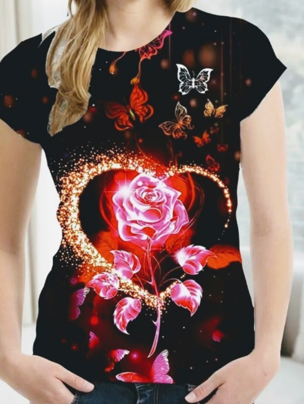 NWOT Retro 3D Graphic Tee - Women's Rose Print